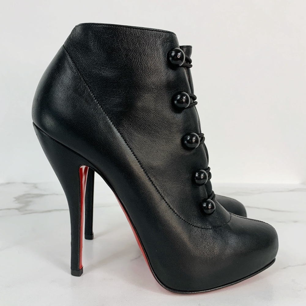 Louboutin Black Leather Fifre Corset Button Ankle Booties 37. Heel is 5”